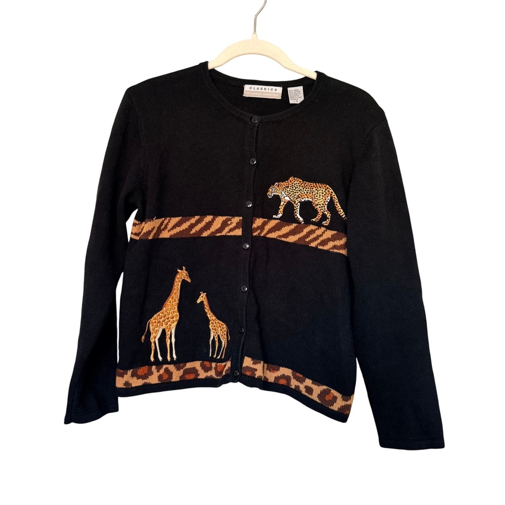 VTG 90s Black Safari Animal Embroidered Cardigan Sweater Women Small